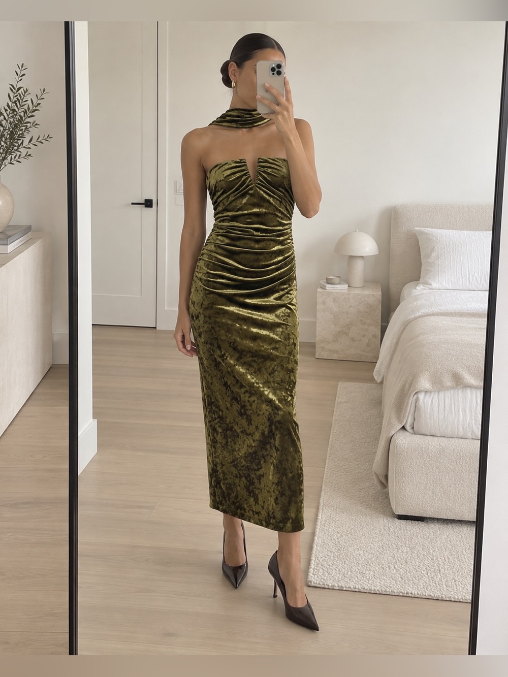 Zara Olive Green Velvet Ruched Scarf Neck Midi Dress Size M